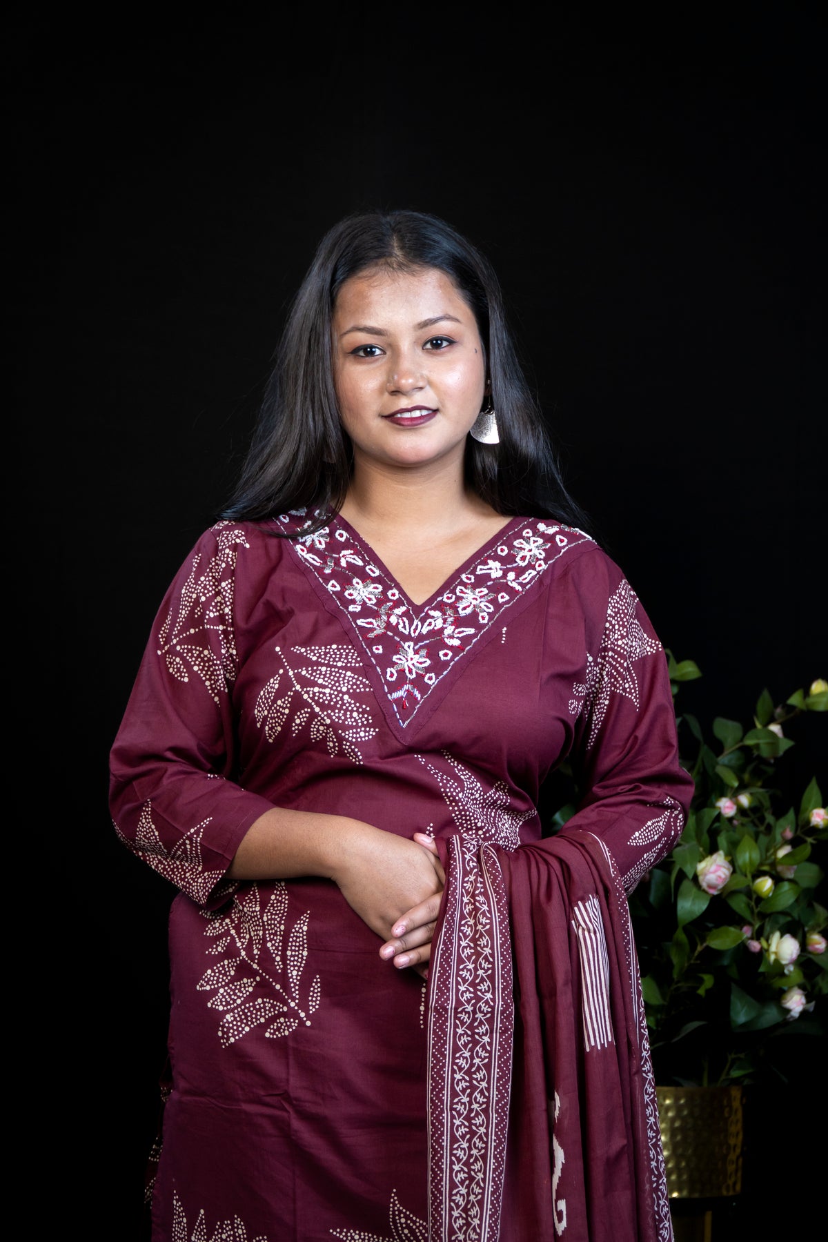 Embroidered Kurta with Mirror and Bead, kardana Work Neckline, pant and dupatta set
