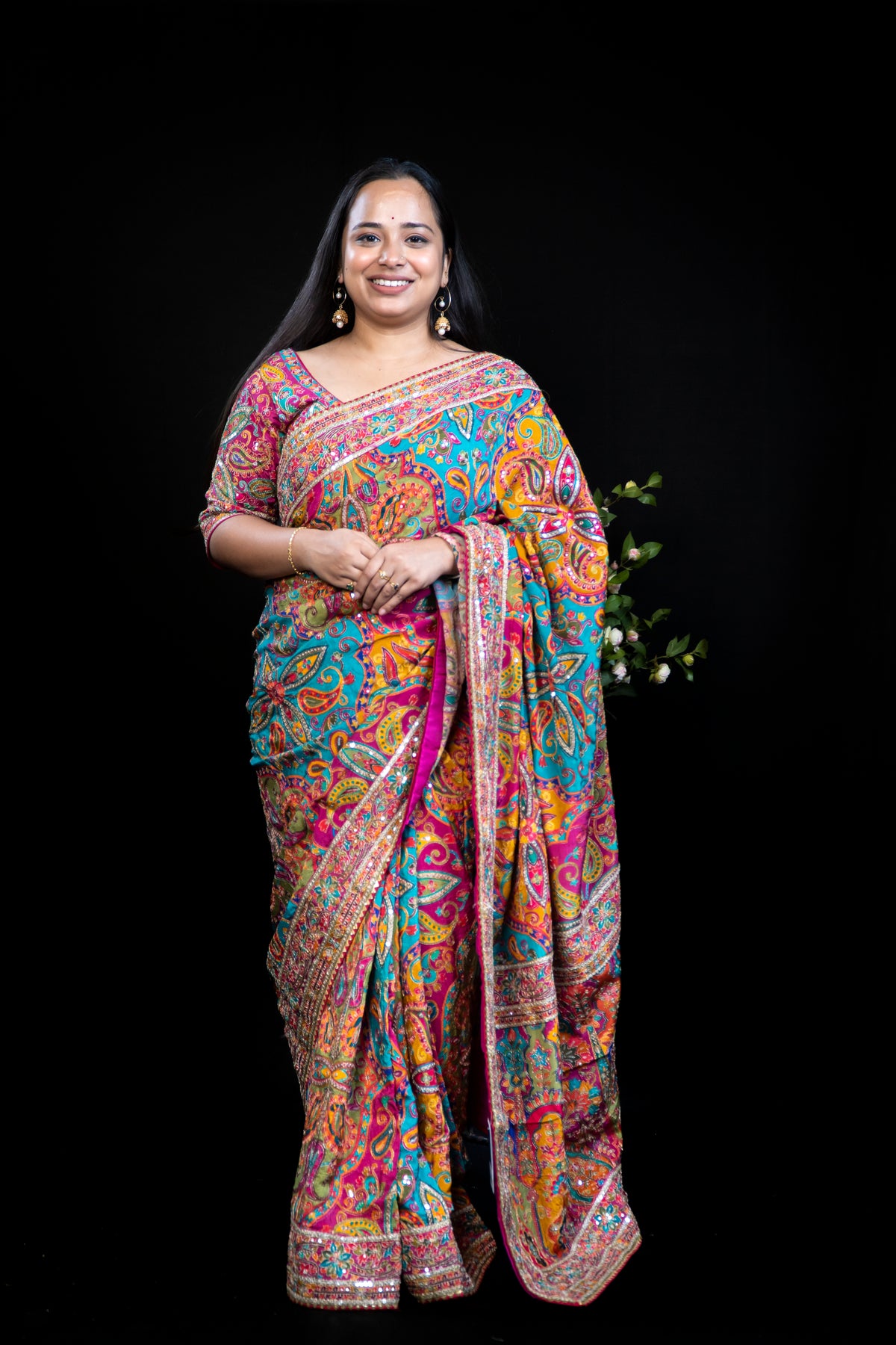 Multicolour Kashmiri Print Karni Silk Saree with Sequin Border & Ready Embroidered Stitched Blouse