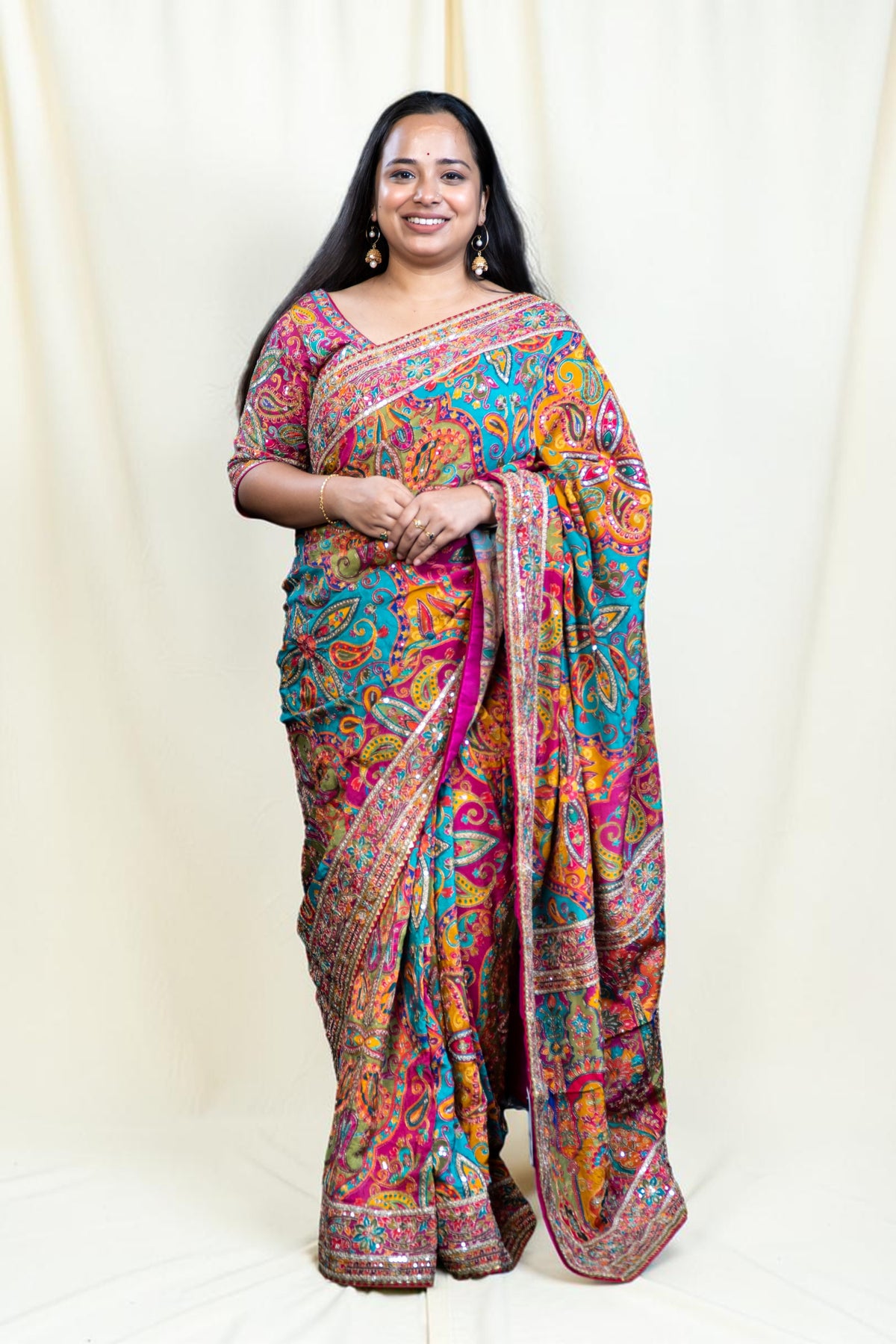 Multicolour Kashmiri Print Karni Silk Saree with Sequin Border & Ready Embroidered Stitched Blouse