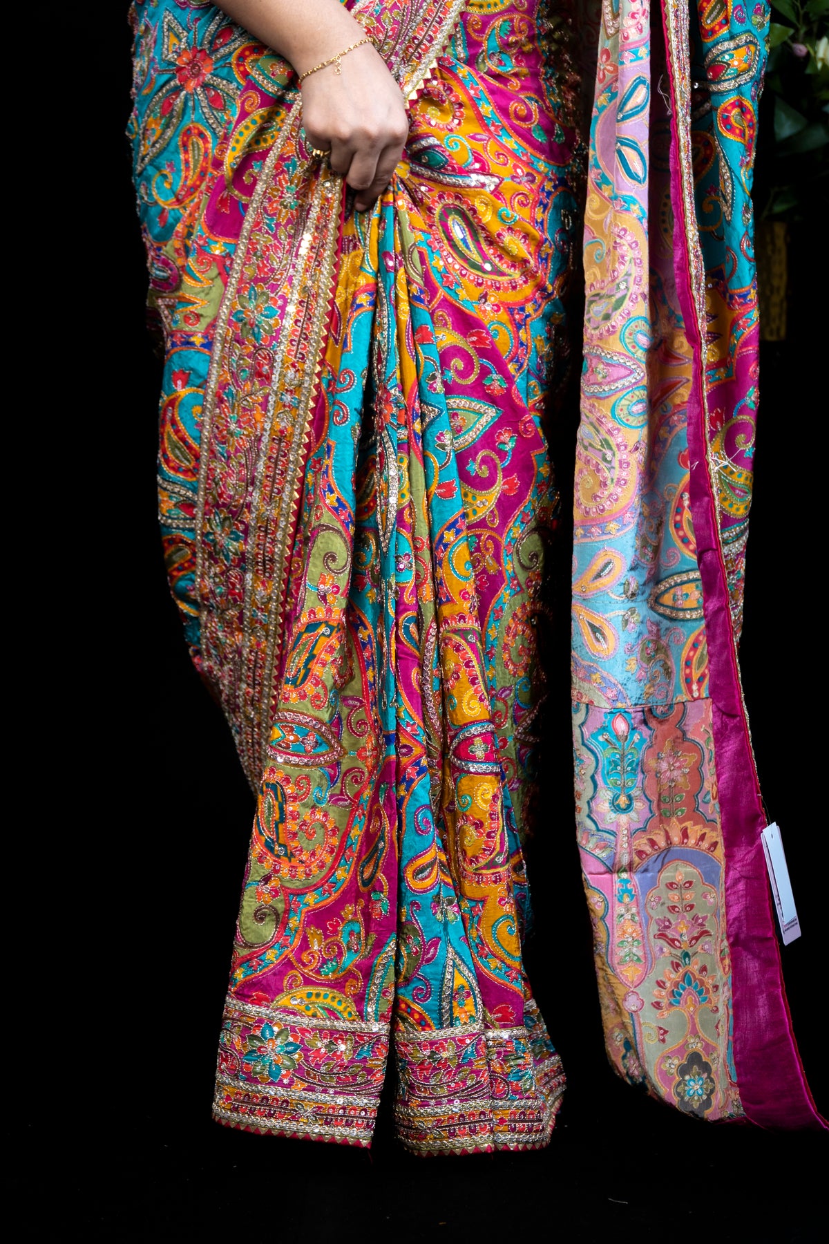 Multicolour Kashmiri Print Karni Silk Saree with Sequin Border & Ready Embroidered Stitched Blouse