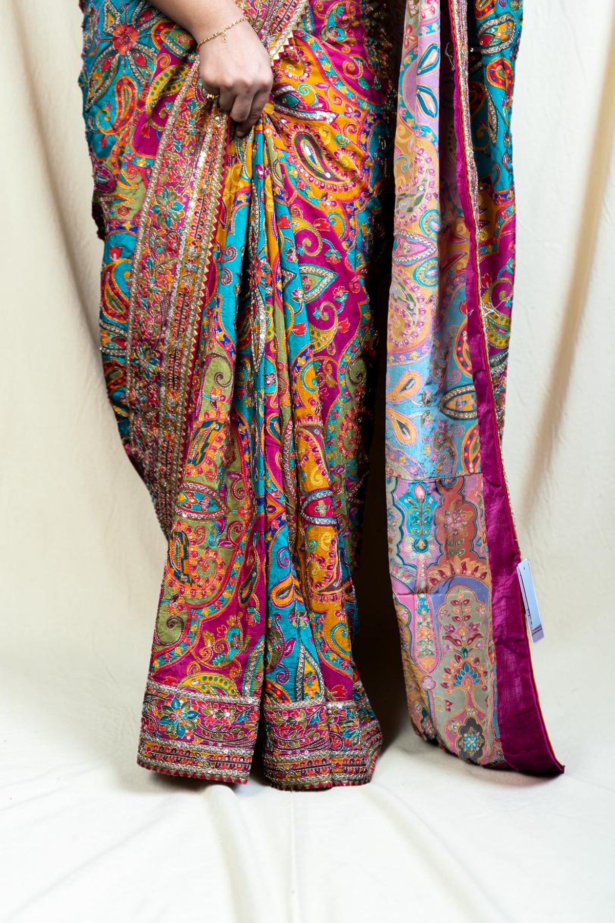 Multicolour Kashmiri Print Karni Silk Saree with Sequin Border & Ready Embroidered Stitched Blouse