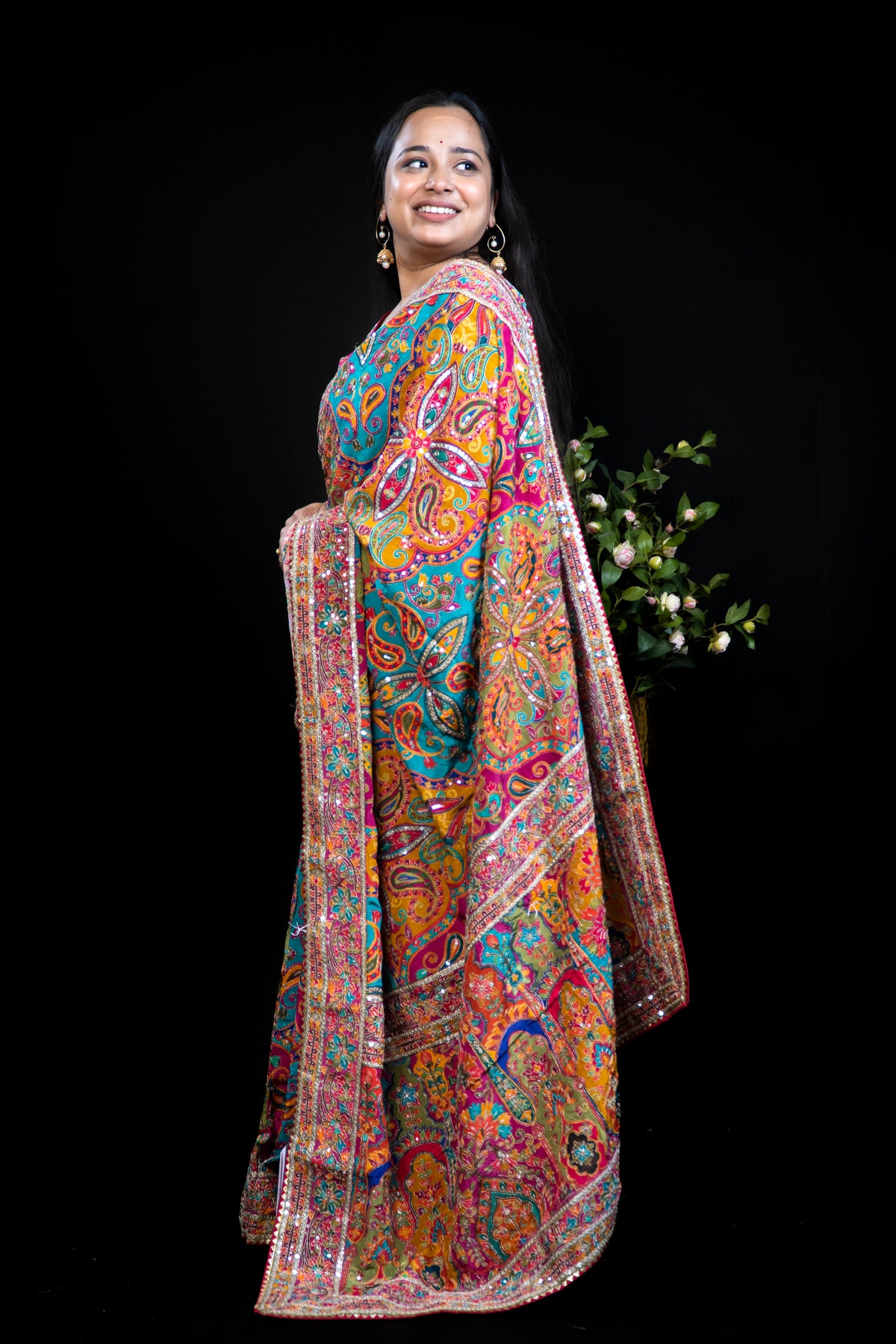 Multicolour Kashmiri Print Karni Silk Saree with Sequin Border & Ready Embroidered Stitched Blouse
