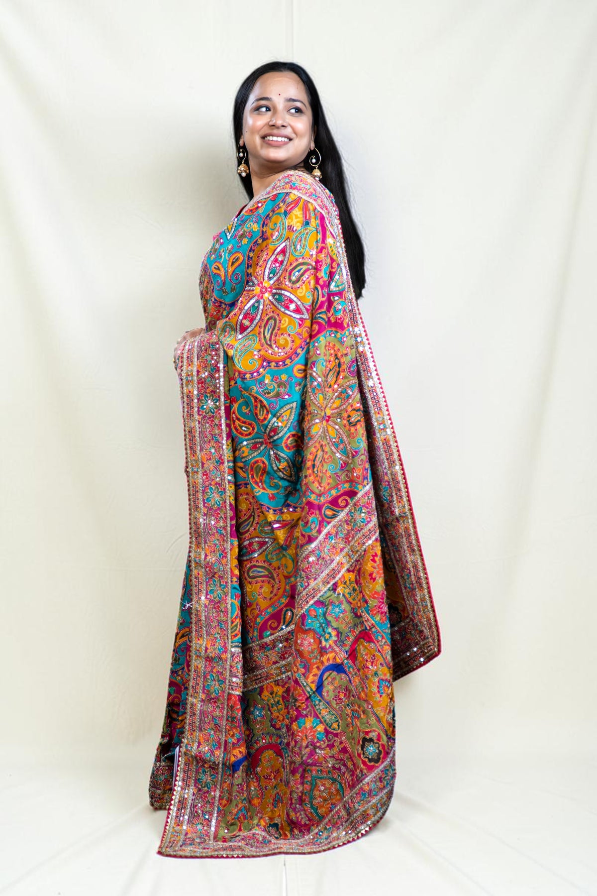 Multicolour Kashmiri Print Karni Silk Saree with Sequin Border & Ready Embroidered Stitched Blouse