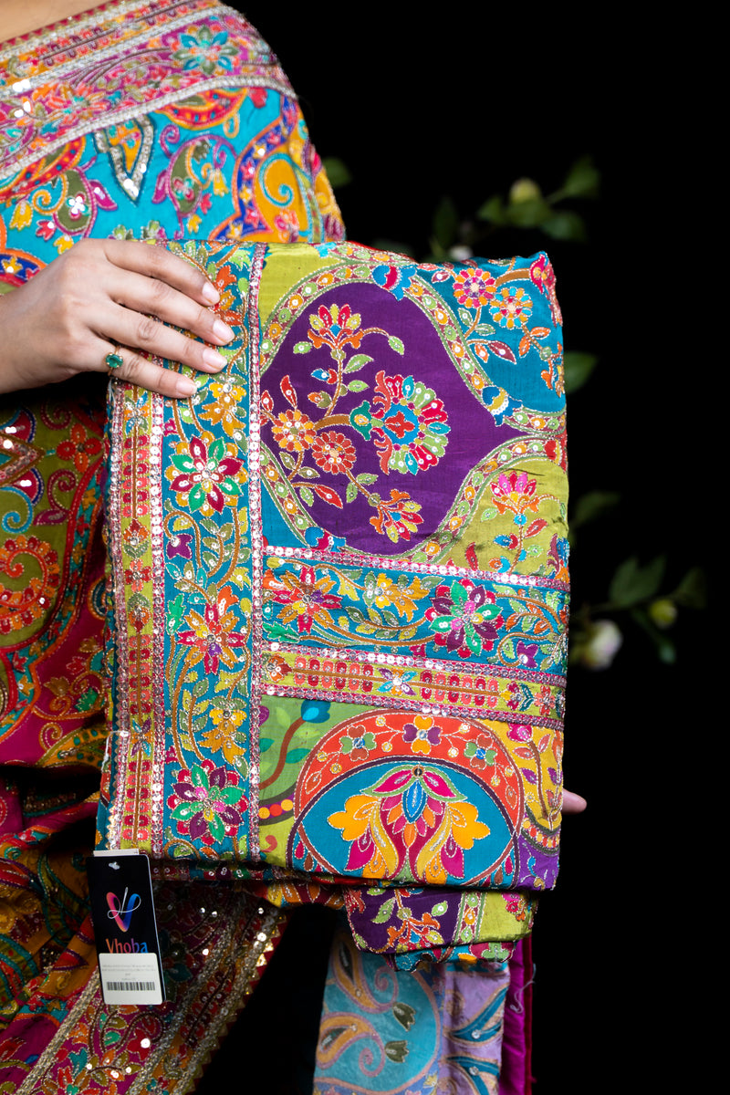 Multicolour Kashmiri Print Karni Silk Saree with Sequin Border & Ready Embroidered Stitched Blouse