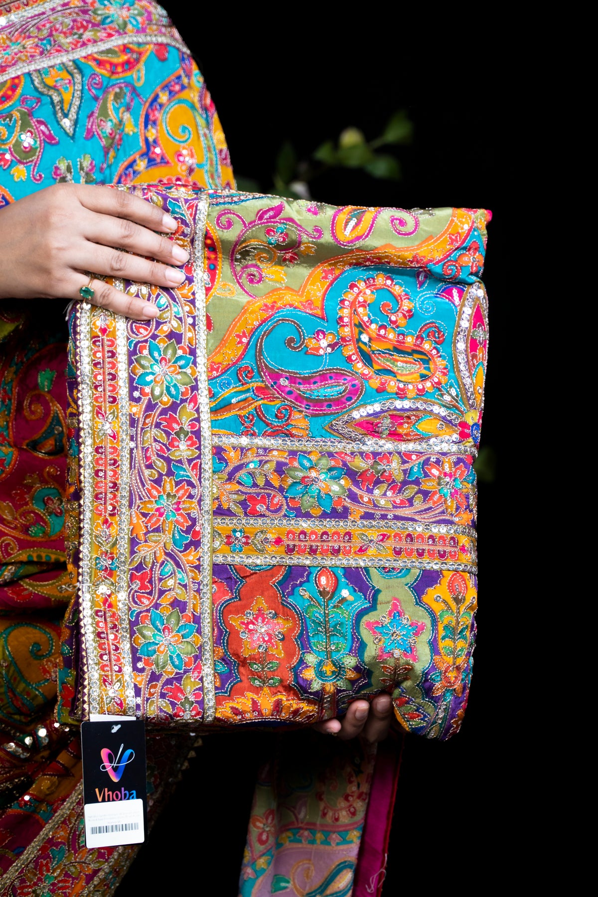 Multicolour Kashmiri Print Karni Silk Saree with Sequin Border & Ready Embroidered Stitched Blouse