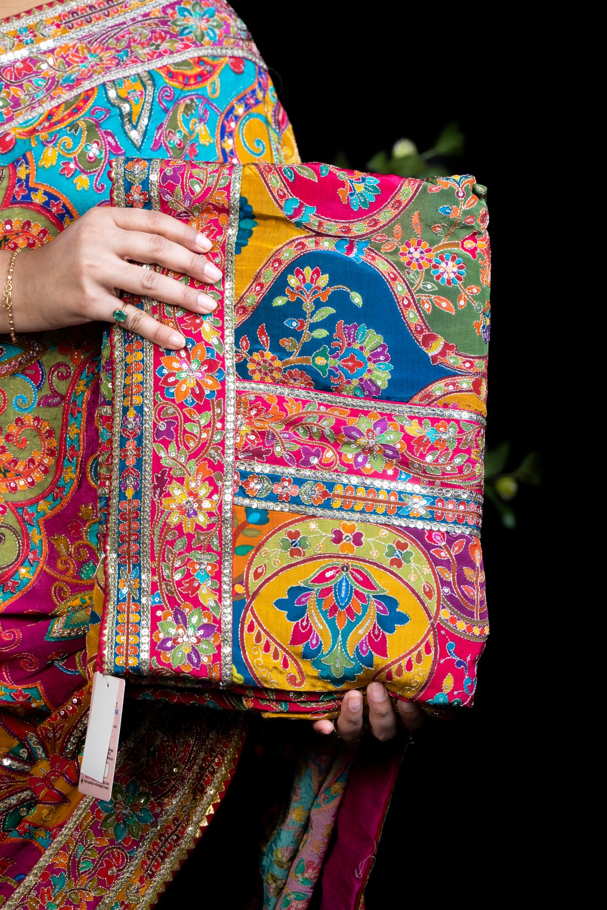 Multicolour Kashmiri Print Karni Silk Saree with Sequin Border & Ready Embroidered Stitched Blouse