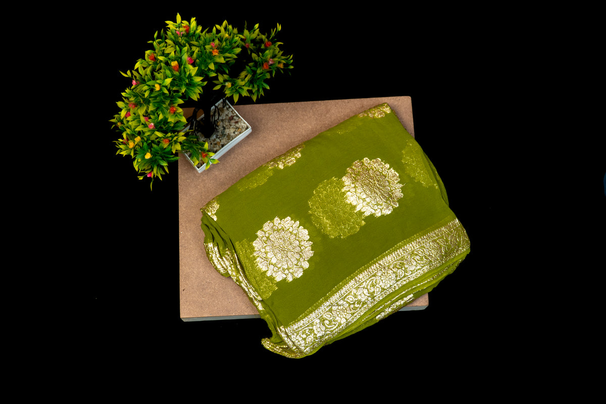 Premium Banarasi Khaddi Georgette Saree with Heavy Zari Floral Buta & Border