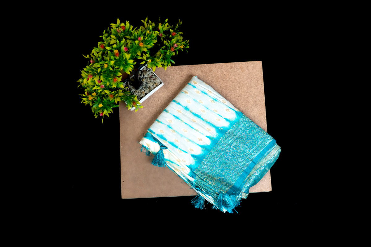 Premium Shibori Tie-Dye Saree with Banarasi Zari Border and Woven Butis