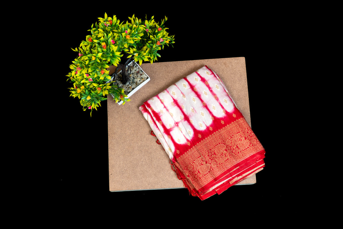 Premium Shibori Tie-Dye Saree with Banarasi Zari Border and Woven Butis