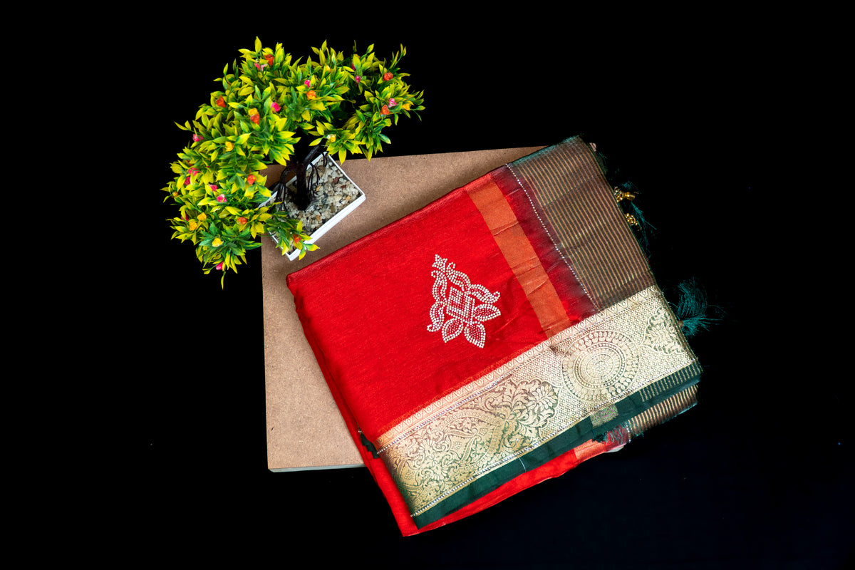 Vibrant Silk Saree with Zari Woven Border & Applique Bootis | Party Wear Saree