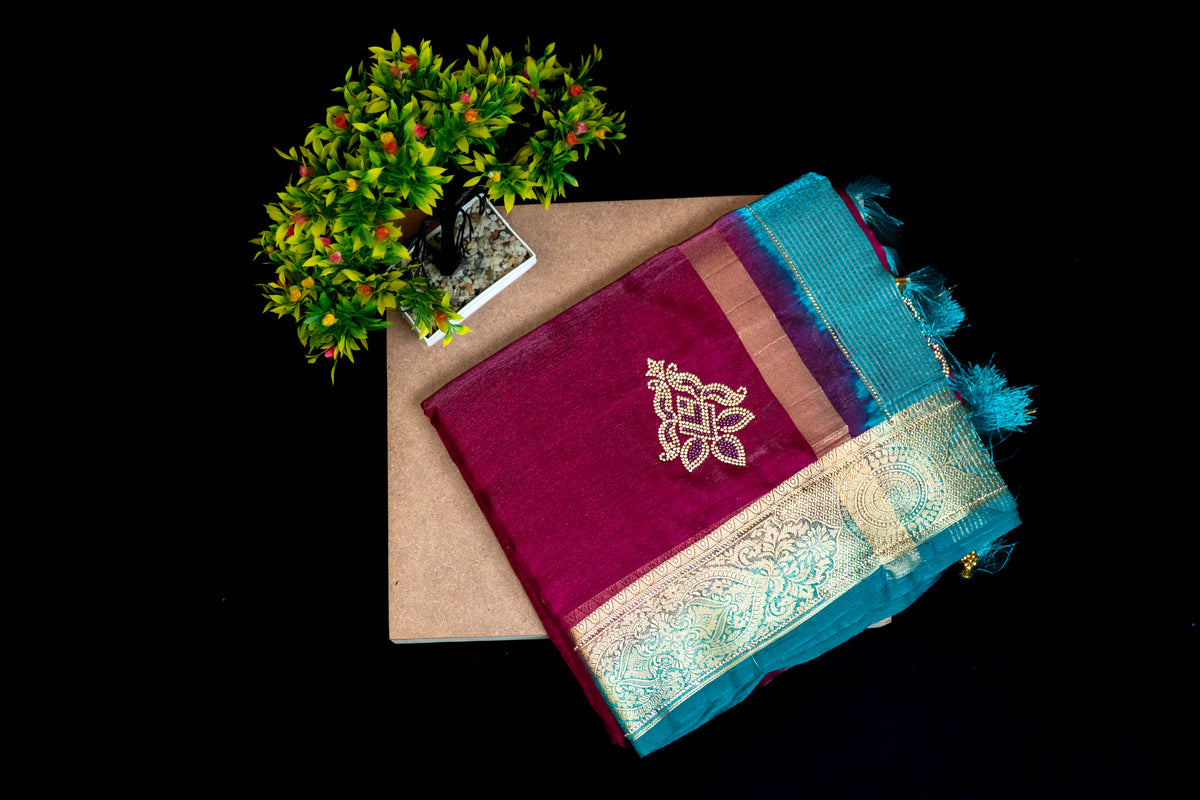 Vibrant Silk Saree with Zari Woven Border & Applique Bootis | Party Wear Saree