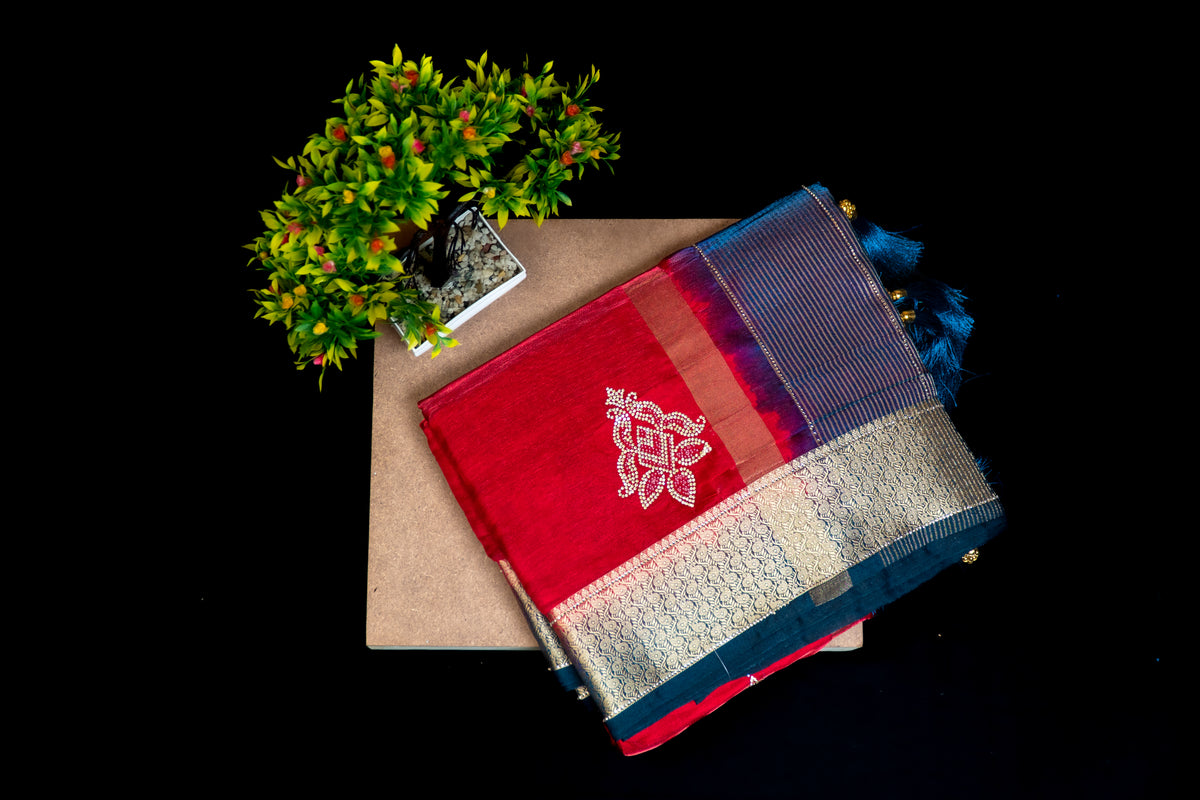 Vibrant Silk Saree with Zari Woven Border & Applique Bootis | Party Wear Saree