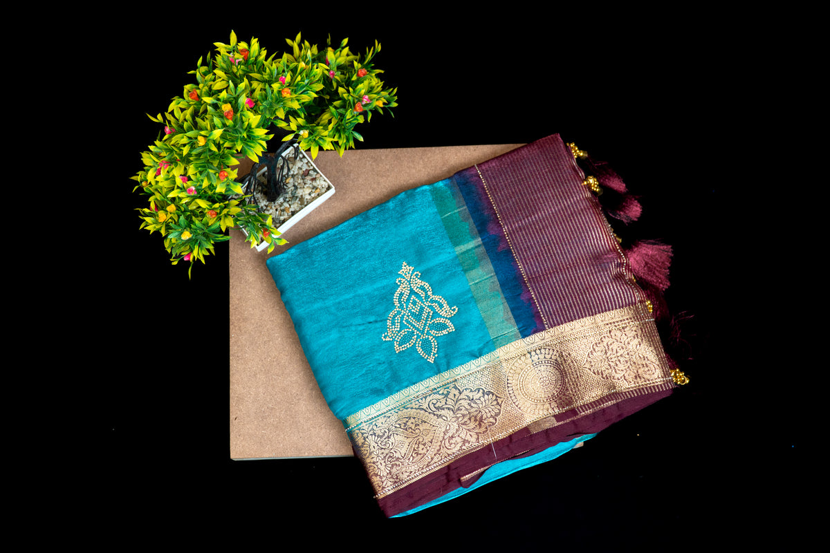 Vibrant Silk Saree with Zari Woven Border & Applique Bootis | Party Wear Saree