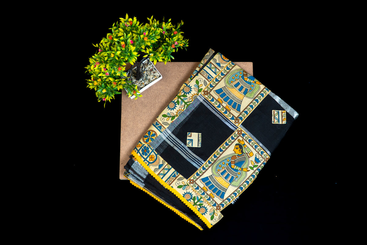 Cotton Silk Saree with Madhubani (Mithila) Print Border