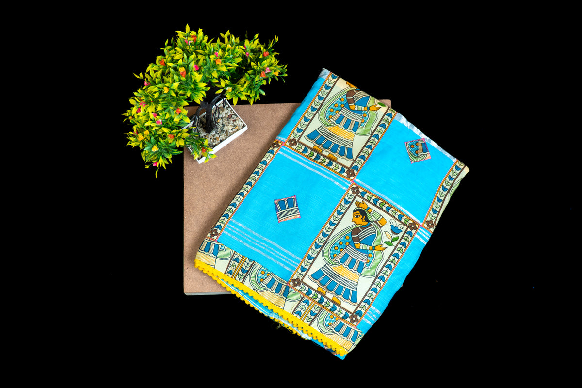 Cotton Silk Saree with Madhubani (Mithila) Print Border