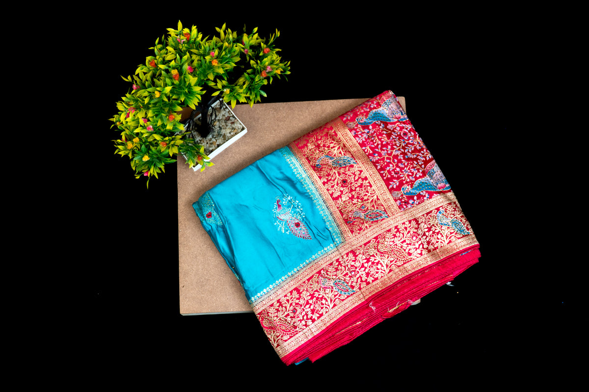 Women's Luxury Satin Silk Saree with Contrast Border and Tassels