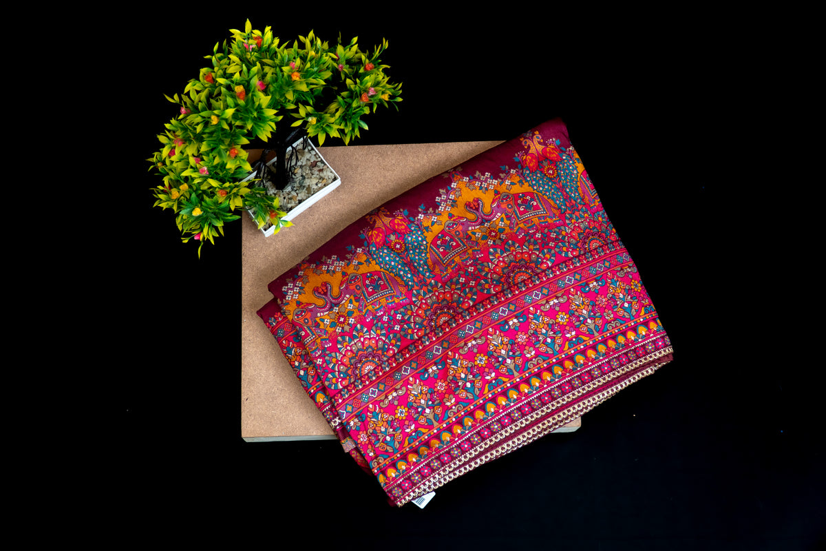 Kashmiri Karni Silk Saree with Multicolour Paisley Weave Attached BP