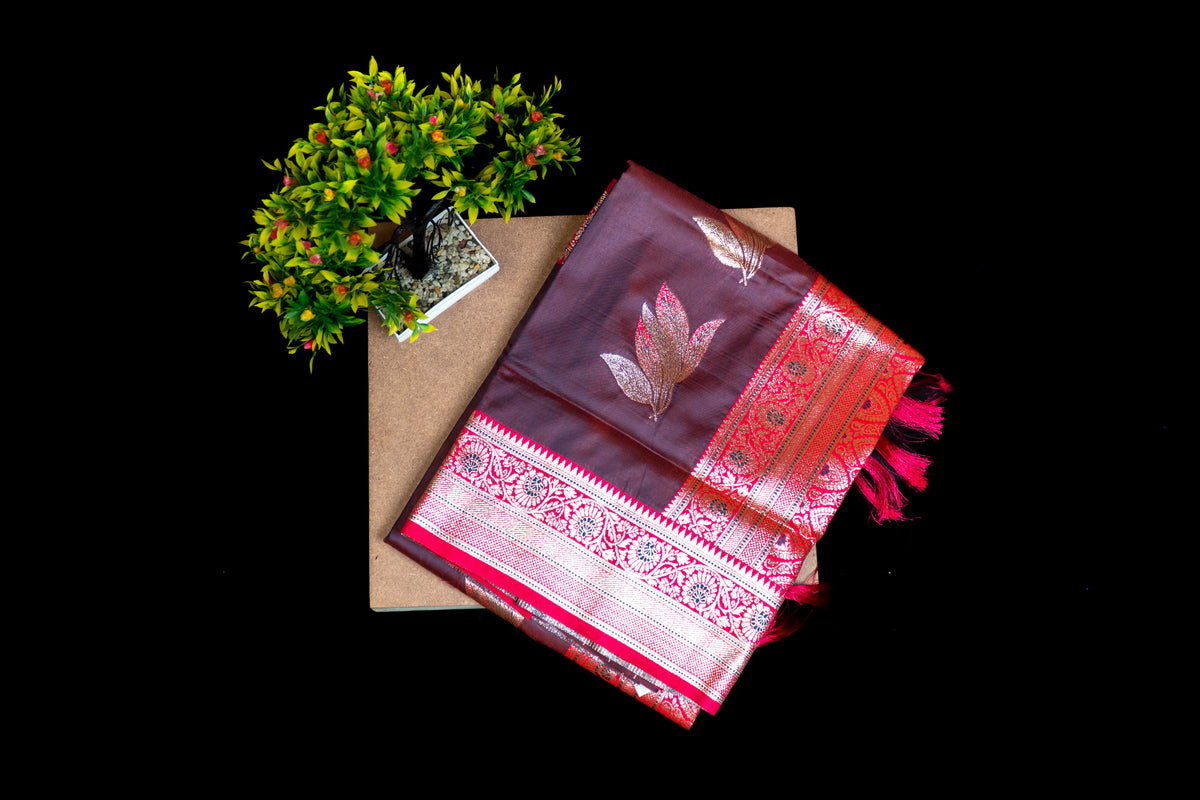 Katan Silk Saree with Mina Work & Contrast Teal Zari Border Dual Tone