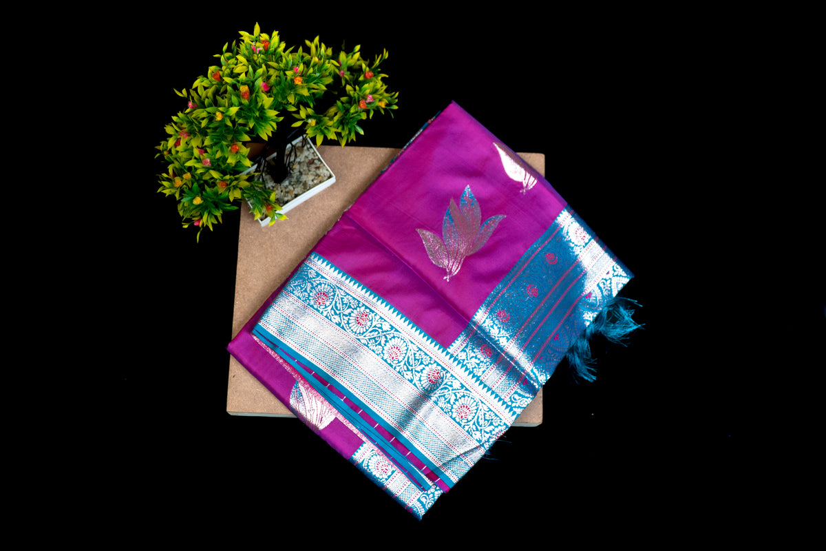 Katan Silk Saree with Mina Work & Contrast Teal Zari Border Dual Tone