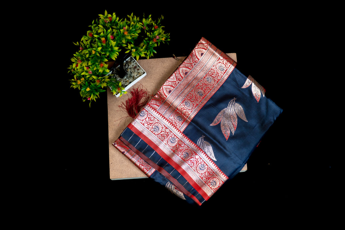 Katan Silk Saree with Mina Work & Contrast Teal Zari Border Dual Tone