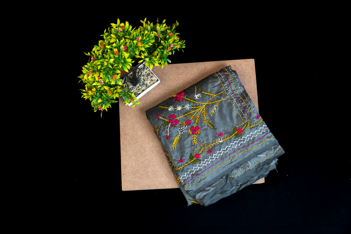 Designer Silk Saree with All-Over bulian stitch