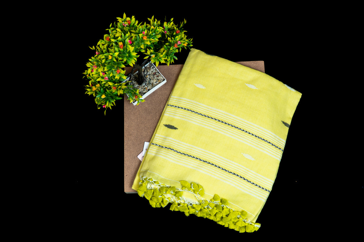 MulMul Cotton Saree with Woven Buti Motifs & Striped Pallu
