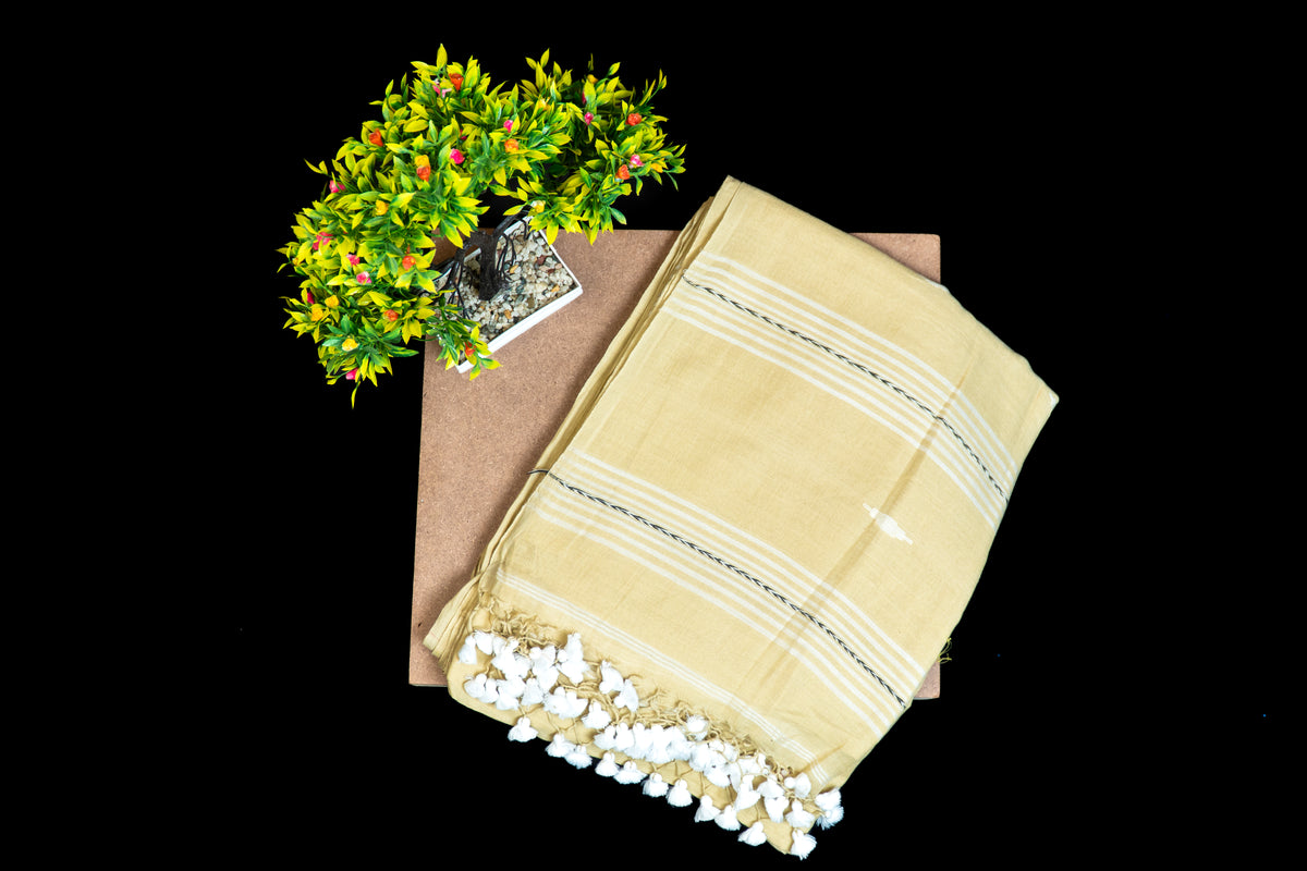 MulMul Cotton Saree with Woven Buti Motifs & Striped Pallu
