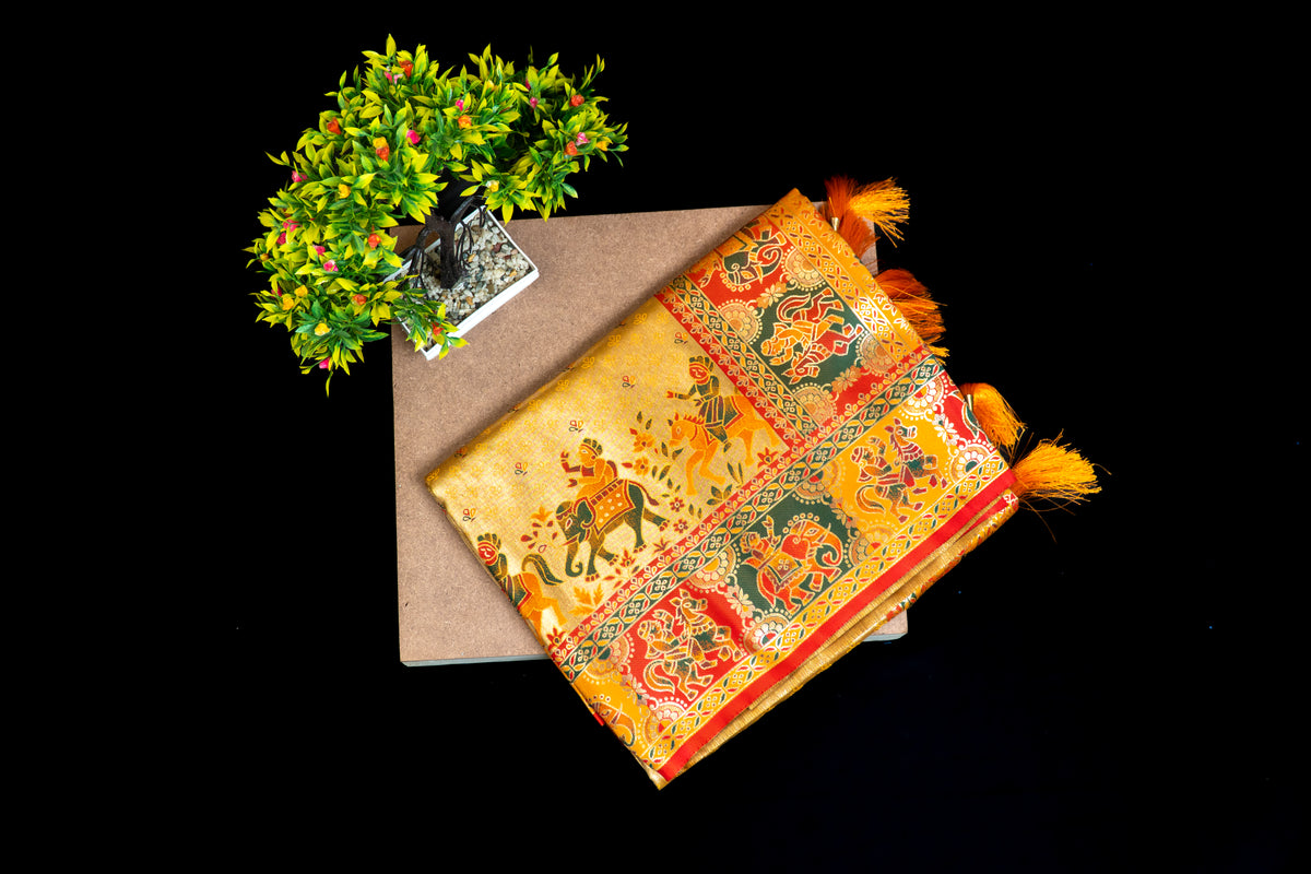 Tissue Silk Baluchari Saree with Multicolour Pictorial Border & Contrast Border