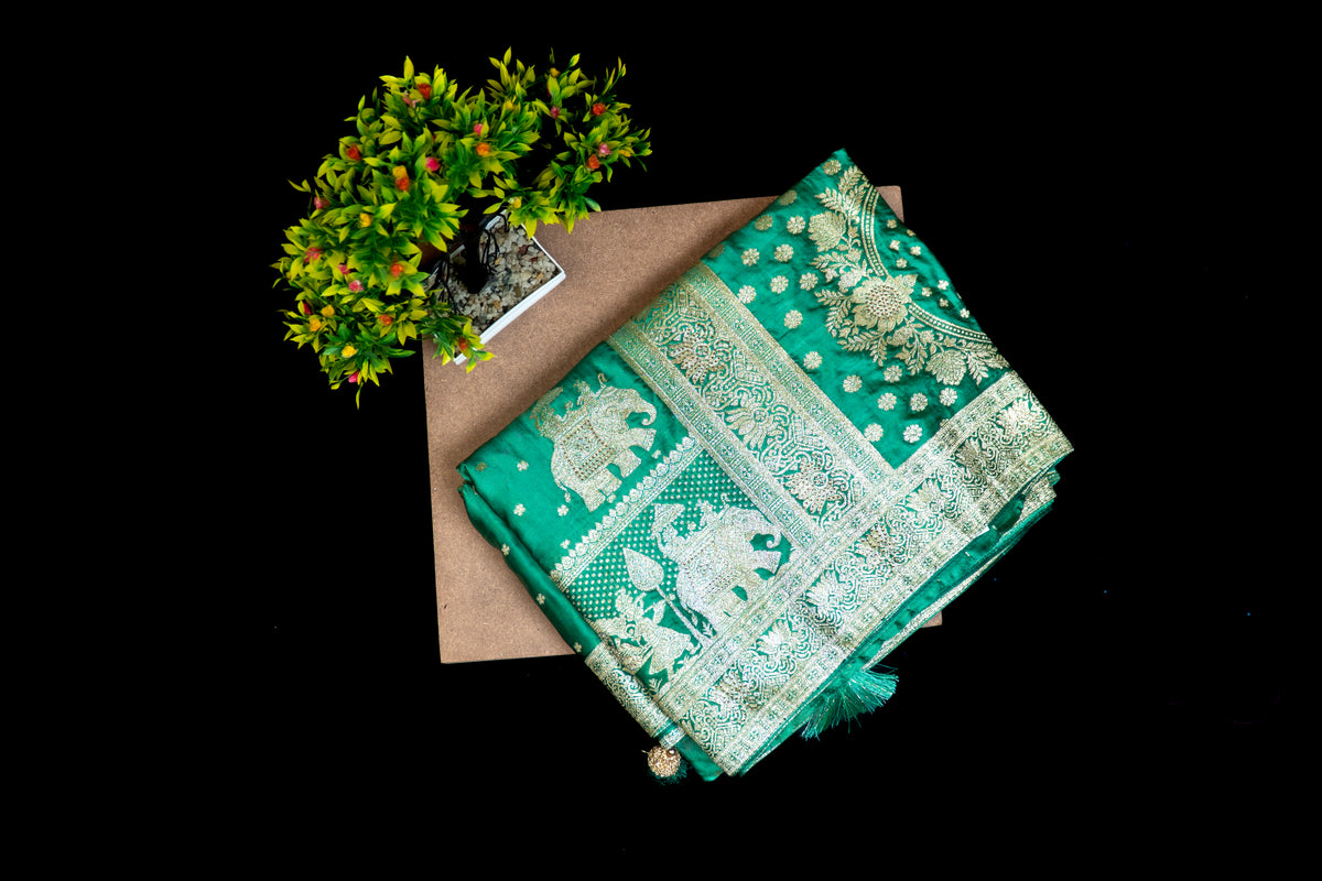 Silk Saree with Kashmiri Jamawar Print Border | Paisley Motif Party Wear Saree with Tassels