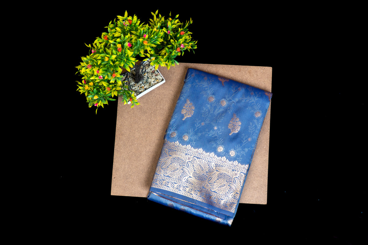 Dual-Tone Katan Silk Saree with Gold Zari Floral Butis & Weaving