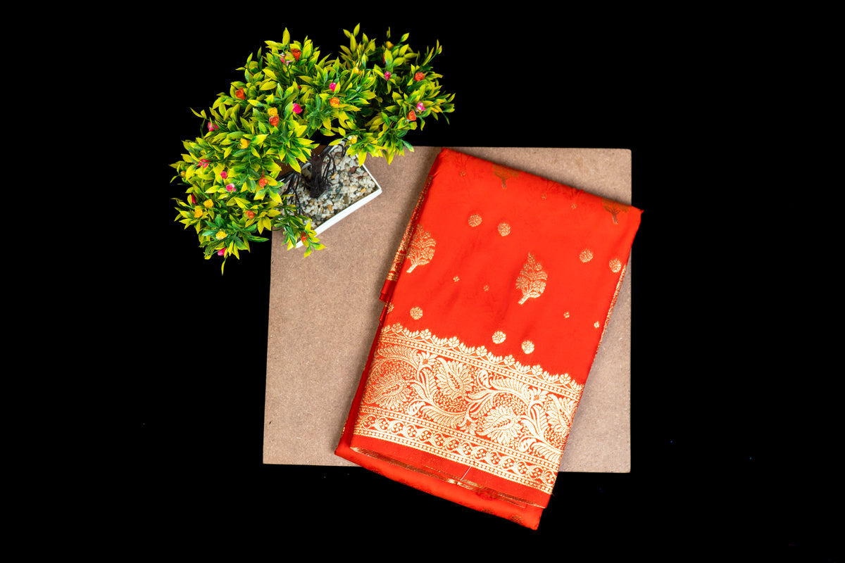 Dual-Tone Katan Silk Saree with Gold Zari Floral Butis & Weaving