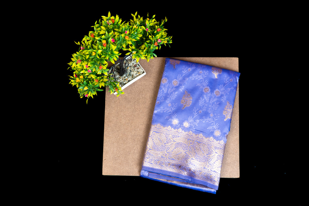 Dual-Tone Katan Silk Saree with Gold Zari Floral Butis & Weaving
