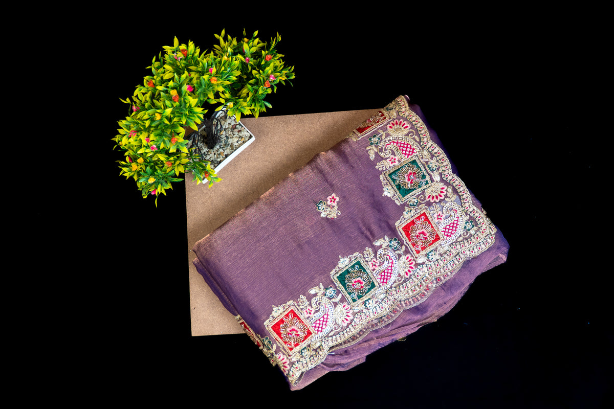 Dual-Tone Silk Saree with Ornate Paneled Border & Zari Work | Party Wear Saree Collection