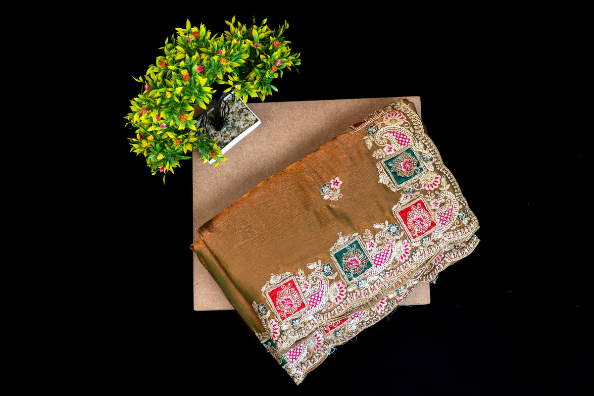 Dual-Tone Silk Saree with Ornate Paneled Border & Zari Work | Party Wear Saree Collection