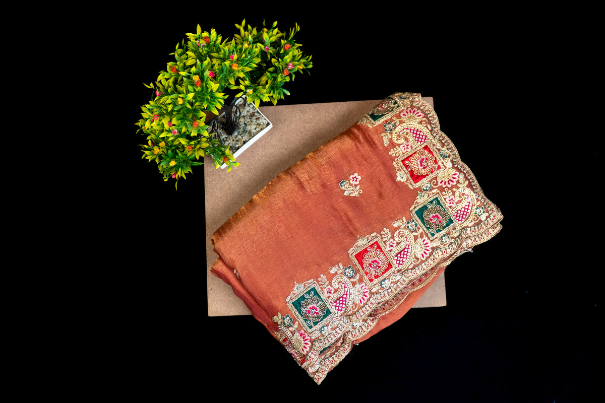 Dual-Tone Silk Saree with Ornate Paneled Border & Zari Work | Party Wear Saree Collection