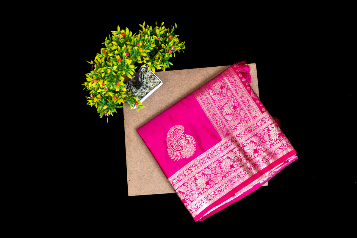 Mashru Silk Saree with Golden Zari Paisley Motifs & Ornate Floral Border