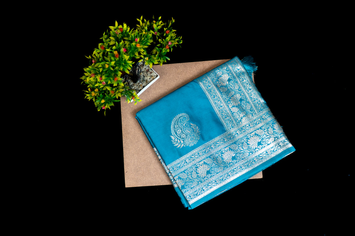 Mashru Silk Saree with Golden Zari Paisley Motifs & Ornate Floral Border