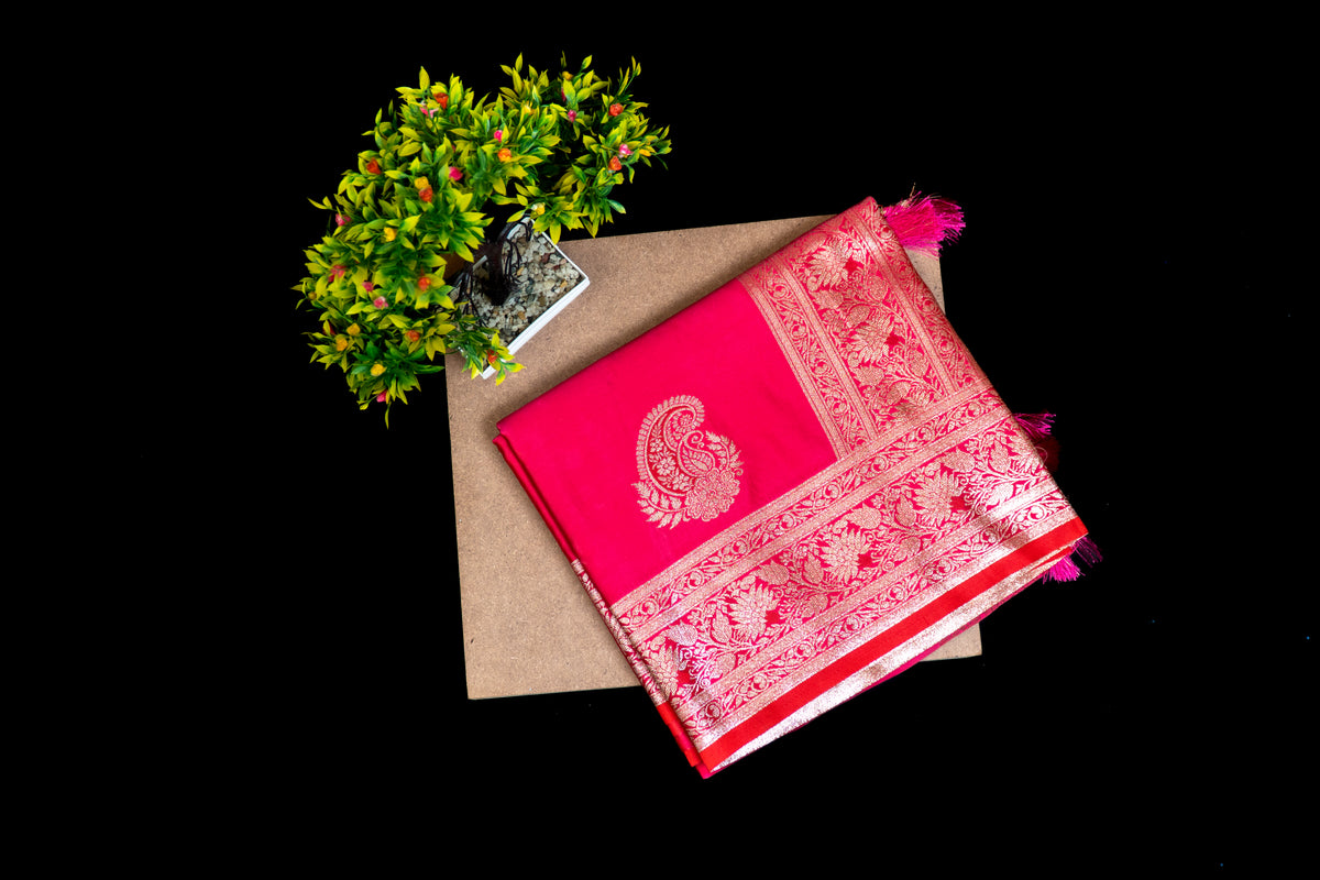 Mashru Silk Saree with Golden Zari Paisley Motifs & Ornate Floral Border