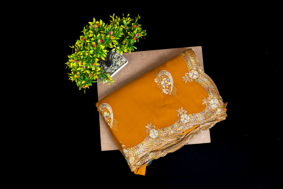 Silk Saree with Scalloped Zari and stone Embroidered Border & Paisley Motifs | Party Wear Saree