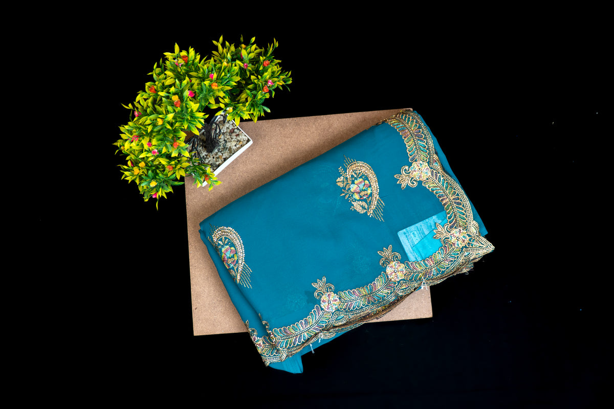 Silk Saree with Scalloped Zari and stone Embroidered Border & Paisley Motifs | Party Wear Saree