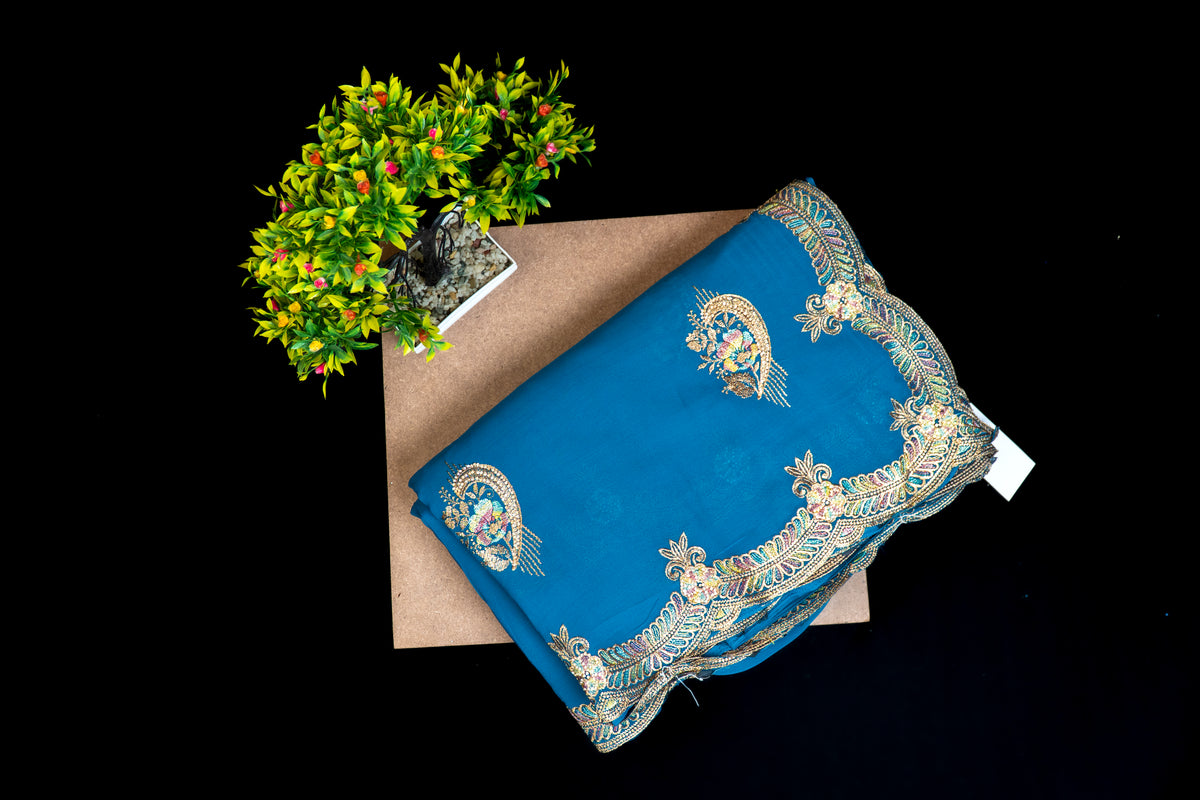 Silk Saree with Scalloped Zari and stone Embroidered Border & Paisley Motifs | Party Wear Saree