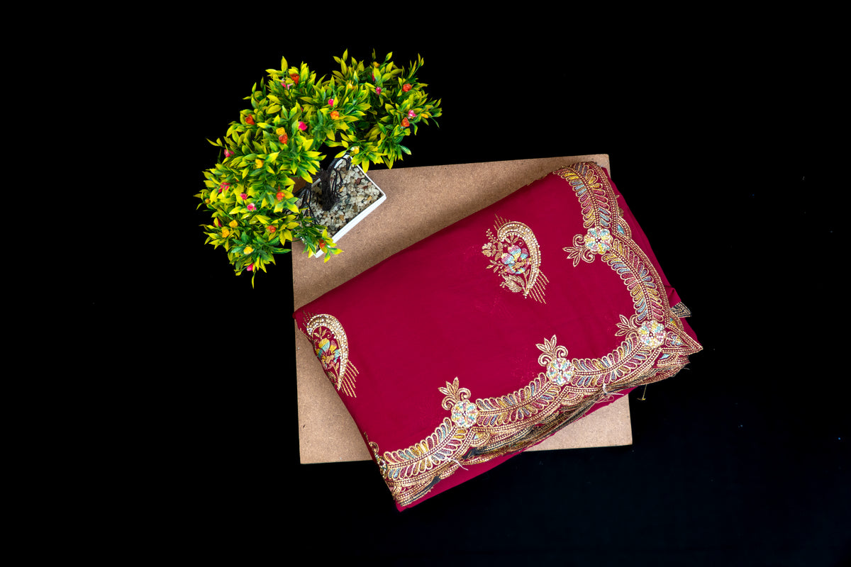 Silk Saree with Scalloped Zari and stone Embroidered Border & Paisley Motifs | Party Wear Saree