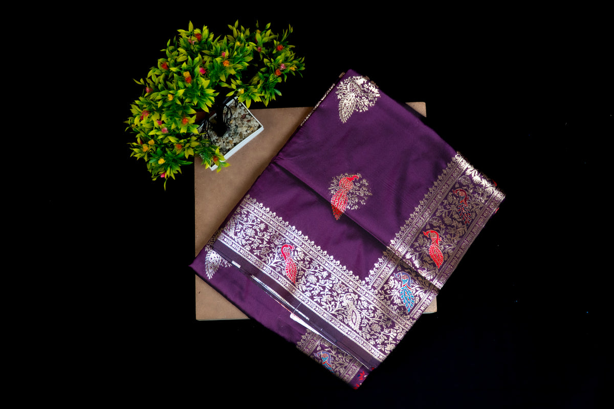 Katan Silk Saree with Golden Zari & Ornate Peacock Meenakari Pallu