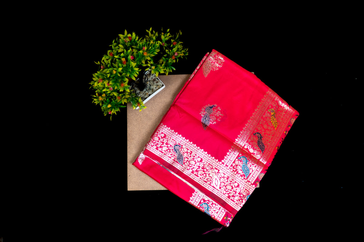 Katan Silk Saree with Golden Zari & Ornate Peacock Meenakari Pallu