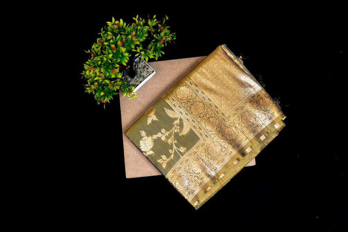 Premium Banarasi Tussar Silk Saree with Antique Gold Zari Floral Jaal & Heavy Pallu