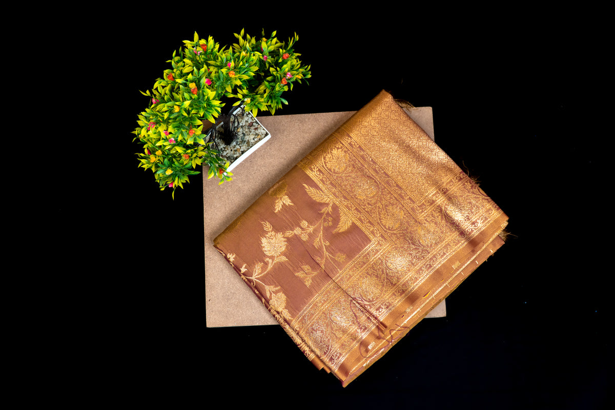 Premium Banarasi Tussar Silk Saree with Antique Gold Zari Floral Jaal & Heavy Pallu