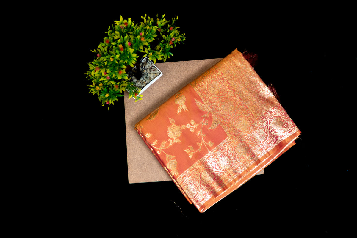 Premium Banarasi Tussar Silk Saree with Antique Gold Zari Floral Jaal & Heavy Pallu