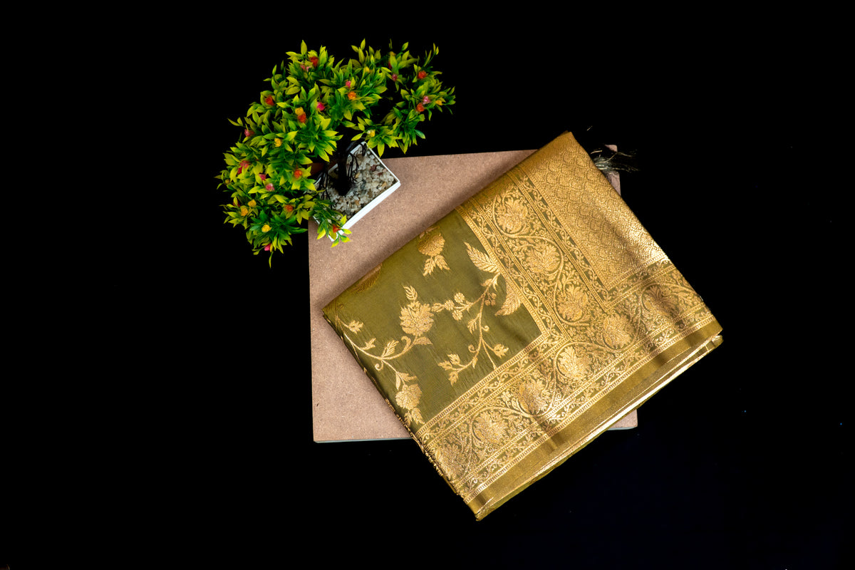 Premium Banarasi Tussar Silk Saree with Antique Gold Zari Floral Jaal & Heavy Pallu