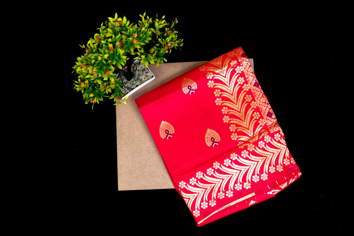 Silk Saree with Kashmiri Jamawar Print Border | Paisley Motif Party Wear Saree with Tassels