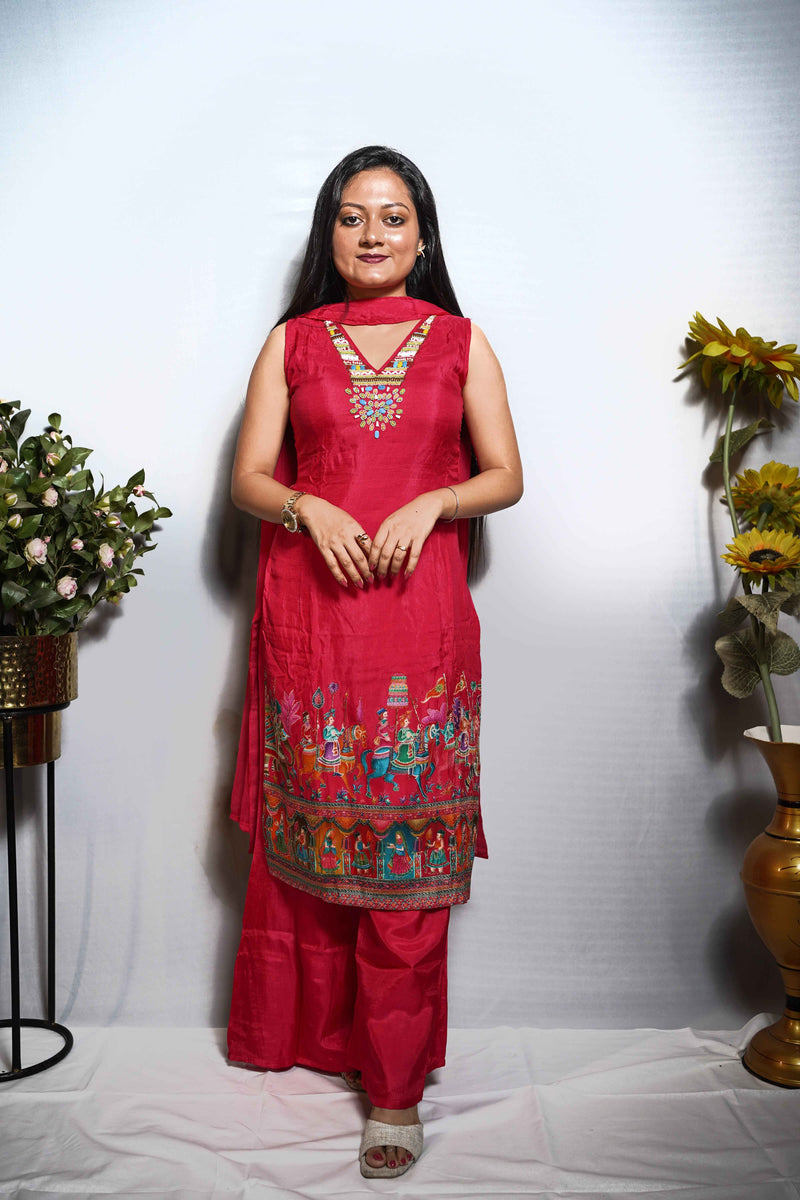 Rani Pink Baraat  Embroidered Kurti Set